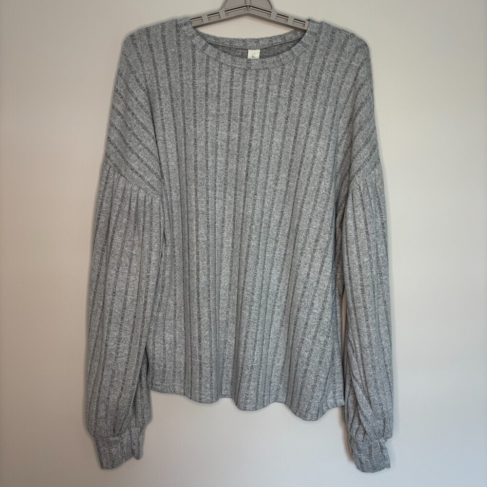 BLOOMING JELLY NEW Ribbed Long Sleeve Top Womens XL Gray Soft Crew Puff Sleeve